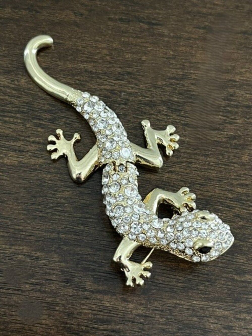 Lizard Brooch Pin Rhinestone Gold Tone Setting - Picture 4 of 5